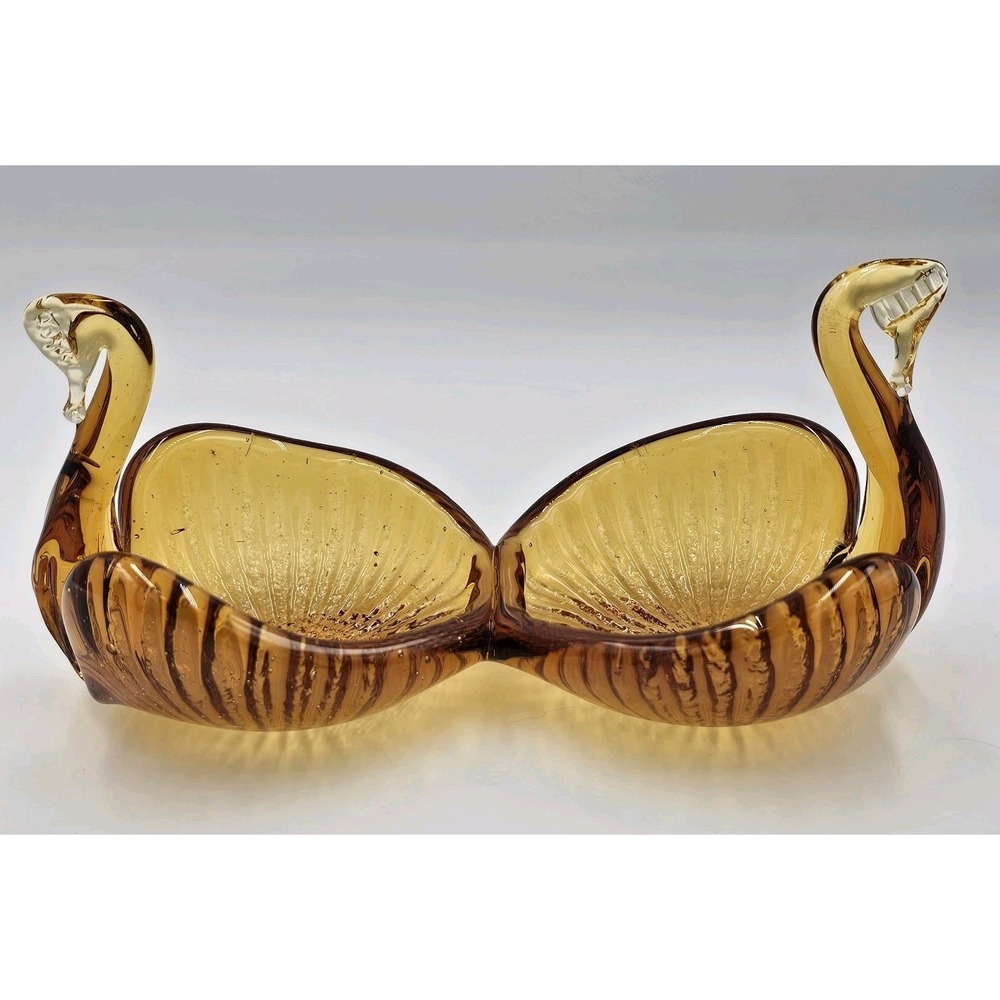 Amber Art Glass Double Bowl Swan Handle Murano Style Mid Century Decorative Dish